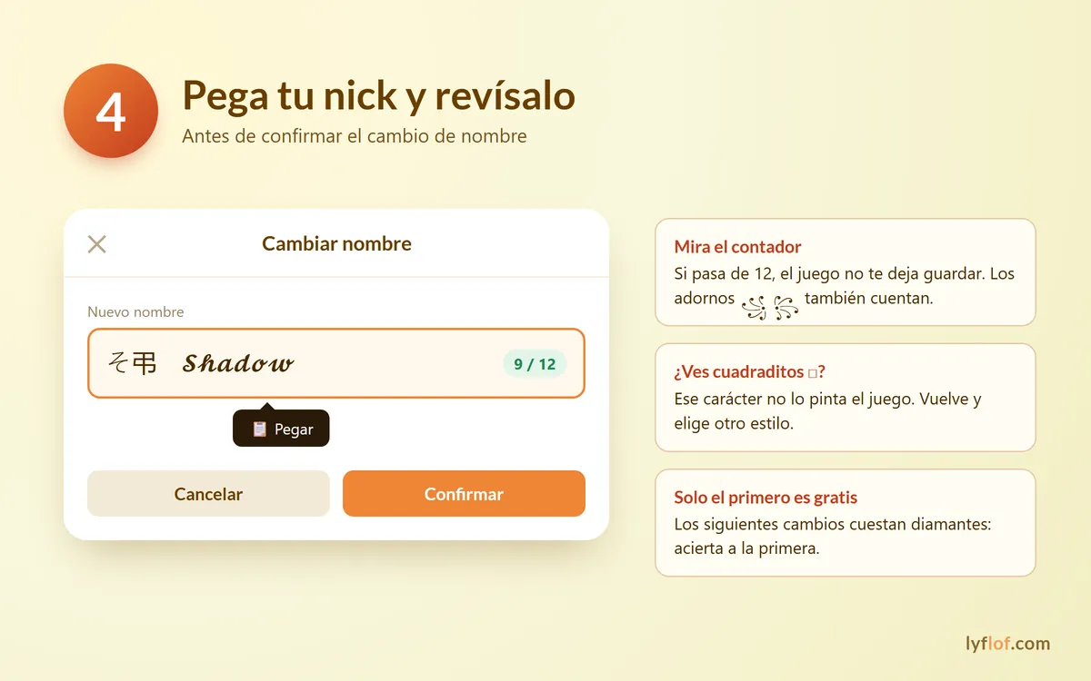 Paso 4 para cambiar el nombre en Free Fire: pega el nick y revisa el contador de 12 caracteres antes de confirmar