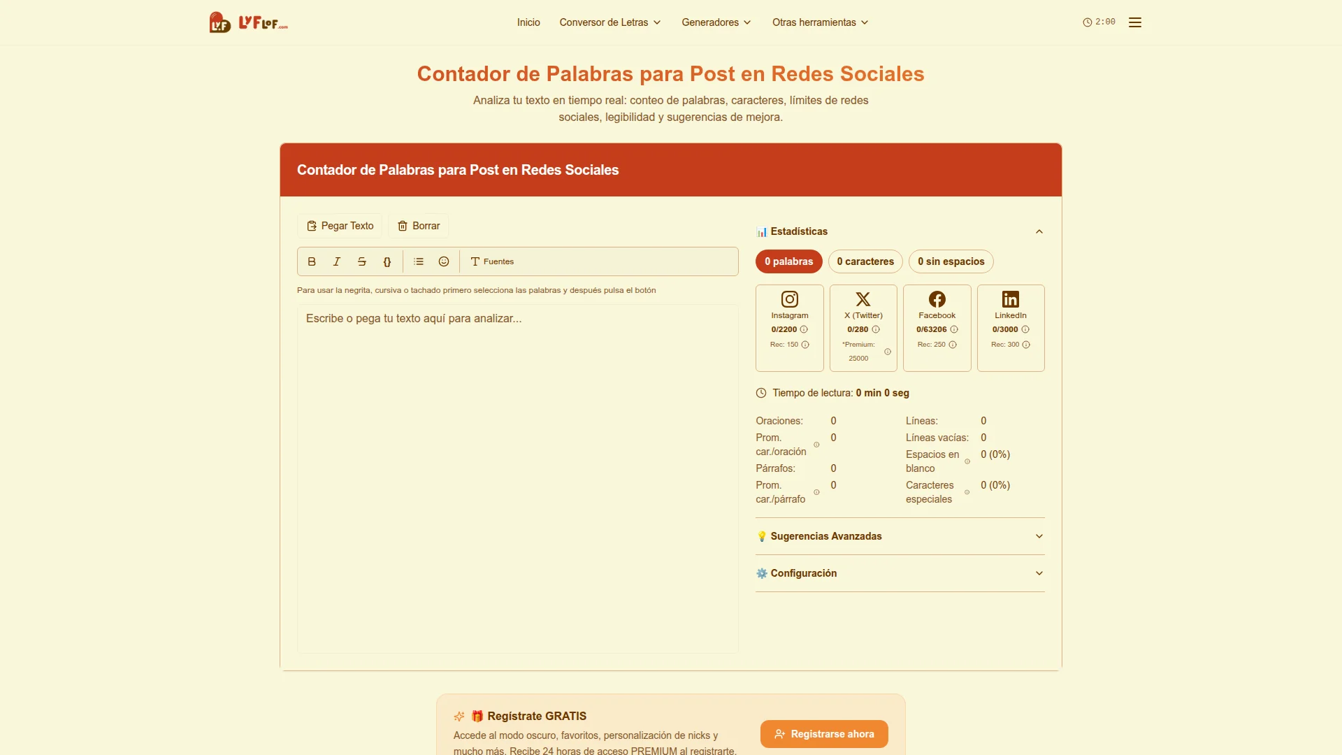 Contador de Palabras para Post en Redes Sociales — herramienta online gratuita de Lyflof