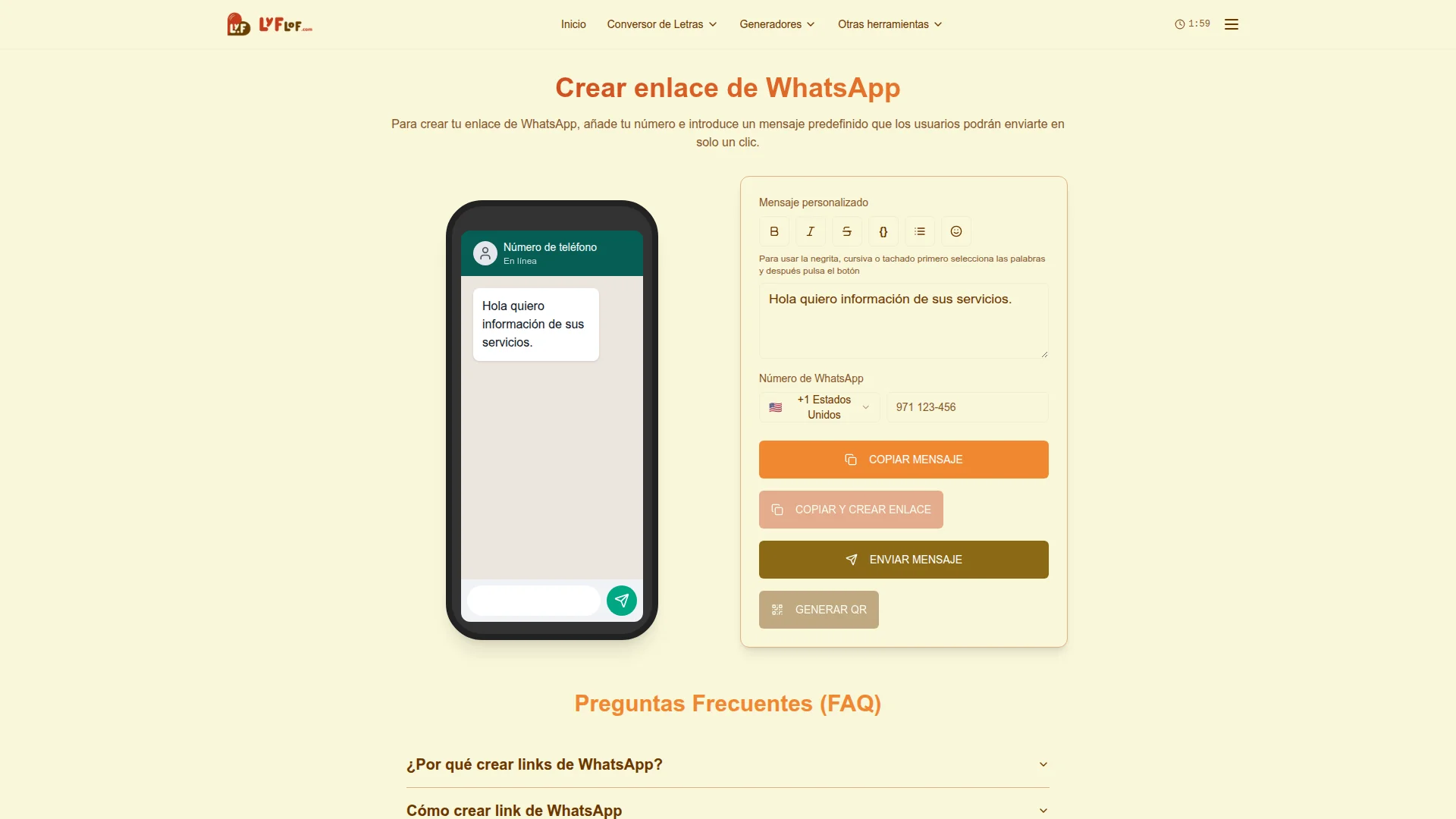 Crear enlace de WhatsApp — herramienta online gratuita de Lyflof