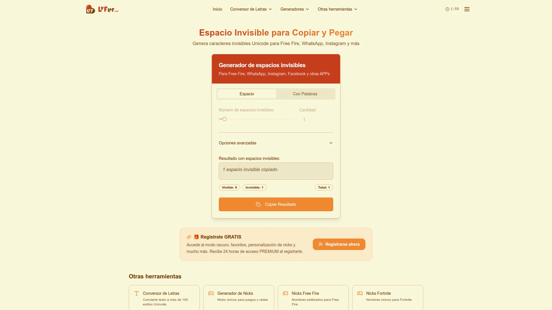 Espacio Invisible para Copiar y Pegar — herramienta online gratuita de Lyflof