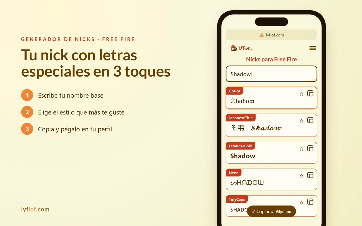 Generador de nicks para Free Fire en el móvil: escribes Shadow y salen estilos gótico, japonés, negrita, neón y tiny caps listos para copiar