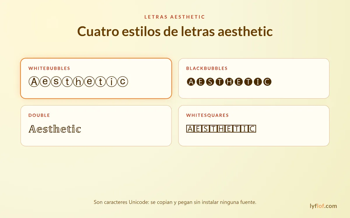 Cuatro estilos de letras aesthetic: WhiteBubbles, BlackBubbles, Double y WhiteSquares