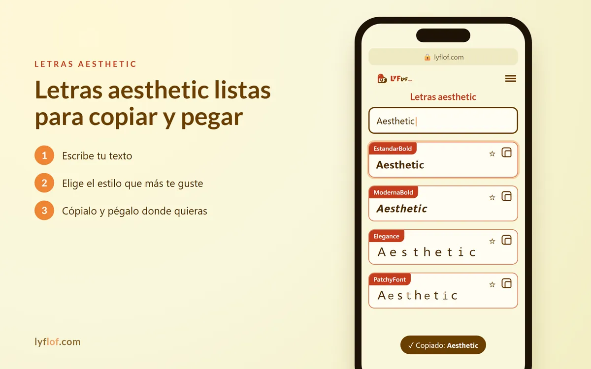 Conversor de letras aesthetic en el móvil con estilos EstandarBold, ModernaBold, Elegance listos para copiar