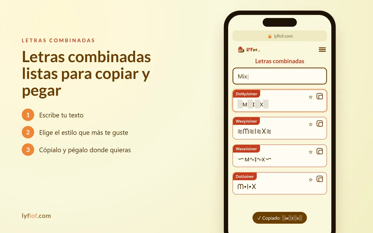 Conversor de letras combinadas en el móvil con estilos DottyJoiner, WavyJoiner, WaveJoiner listos para copiar