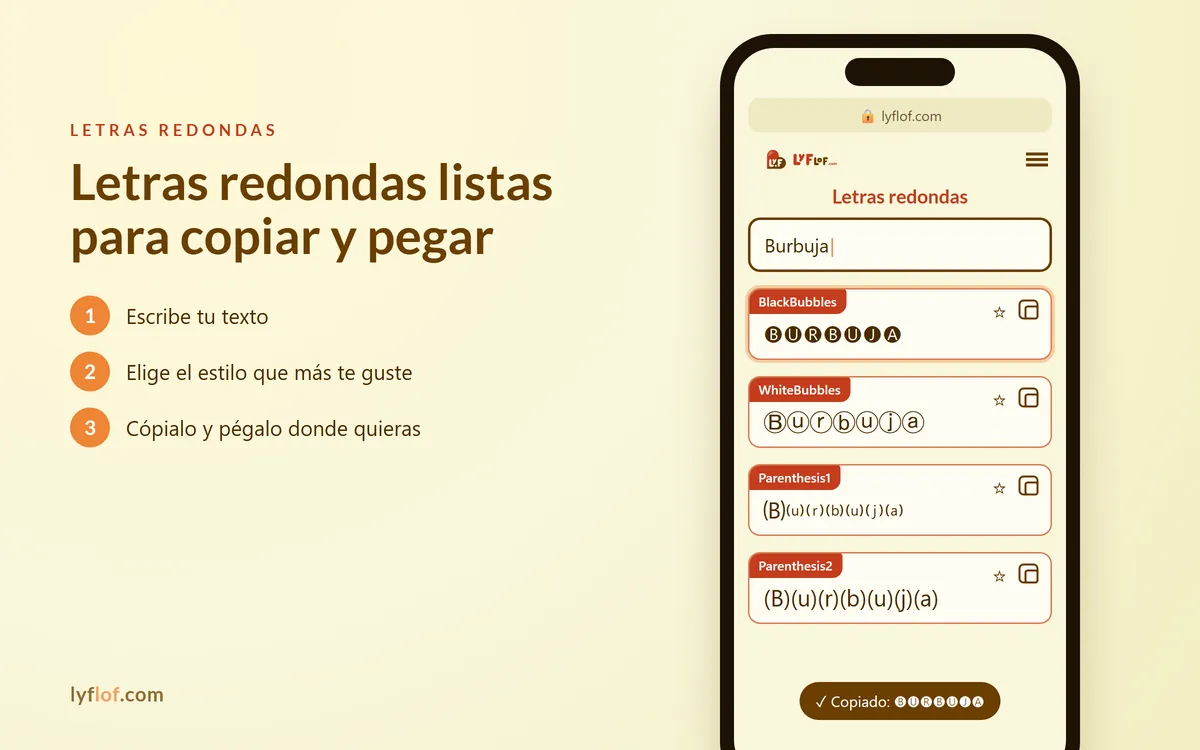 Conversor de letras redondas en el móvil con estilos BlackBubbles, WhiteBubbles, Parenthesis1 listos para copiar