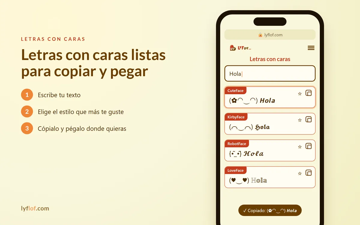 Conversor de letras con caras en el móvil con estilos CuteFace, KirbyFace, RobotFace listos para copiar