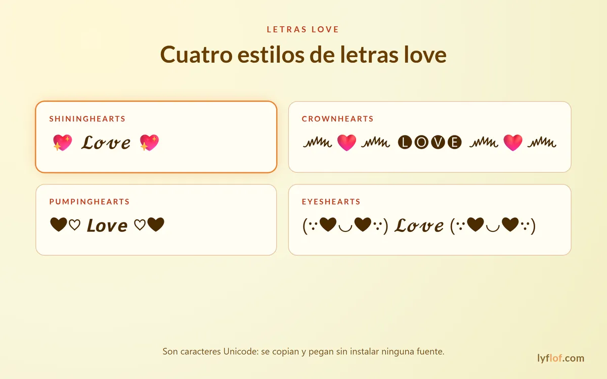 Cuatro estilos de letras love: ShiningHearts, CrownHearts, PumpingHearts y EyesHearts