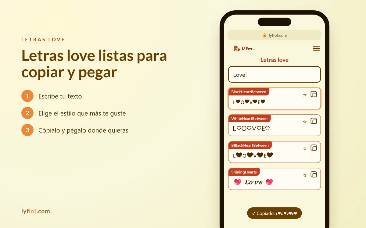 Conversor de letras love en el móvil con estilos BlackHeartBetween, WhiteHeartBetween, BBlackHeartBetween listos para copiar