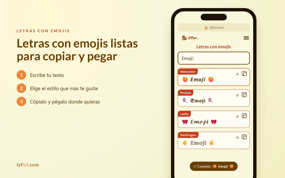 Conversor de letras con emojis en el móvil con estilos Melocoton, Piruleta, Lazito listos para copiar