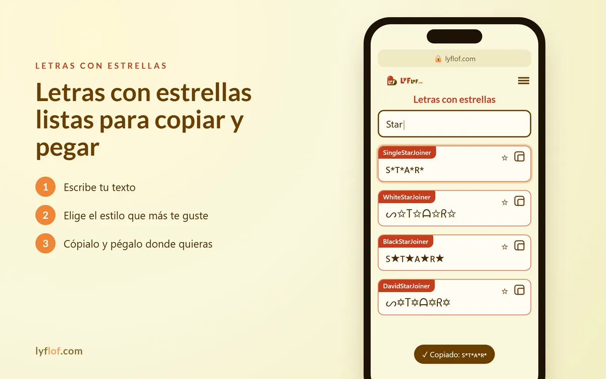 Conversor de letras con estrellas en el móvil con estilos SingleStarJoiner, WhiteStarJoiner, BlackStarJoiner listos para copiar