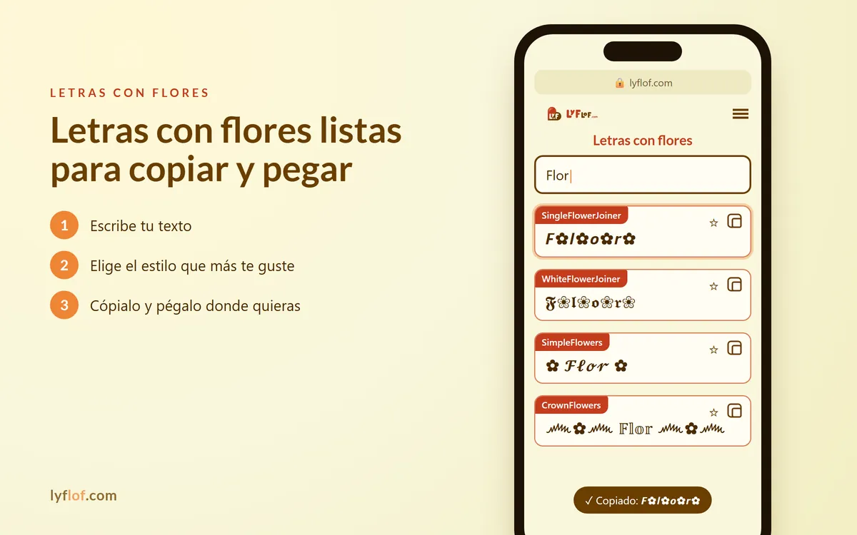 Conversor de letras con flores en el móvil con estilos SingleFlowerJoiner, WhiteFlowerJoiner, SimpleFlowers listos para copiar