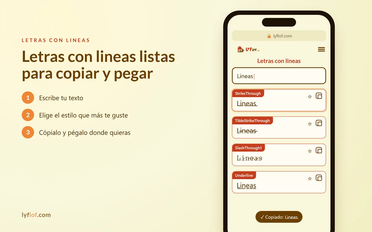 Conversor de letras con lineas en el móvil con estilos StrikeThrough, TildeStrikeThrough, SlashThrough1 listos para copiar