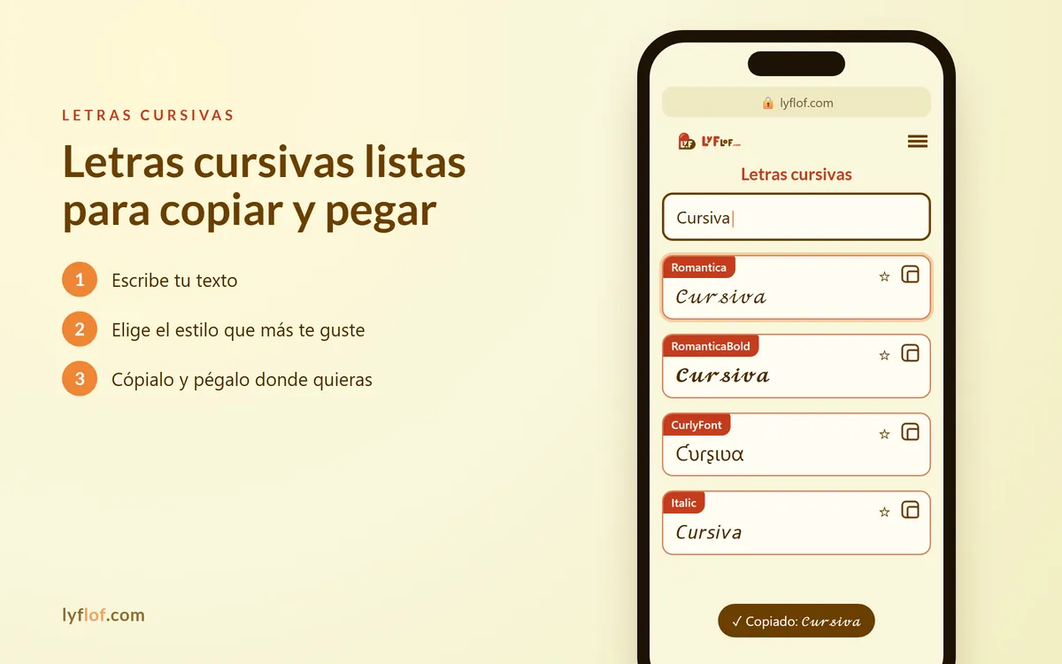 Conversor de letras cursivas en el móvil con estilos Romantica, RomanticaBold, CurlyFont listos para copiar