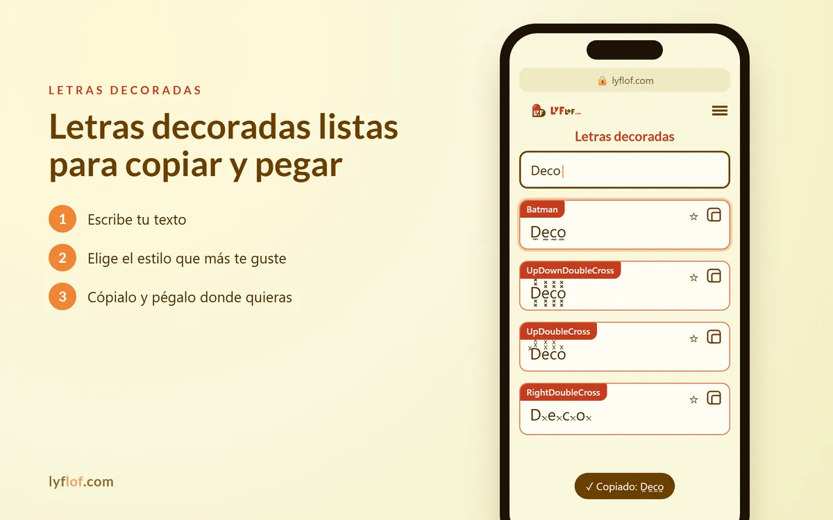 Conversor de letras decoradas en el móvil con estilos Batman, UpDownDoubleCross, UpDoubleCross listos para copiar