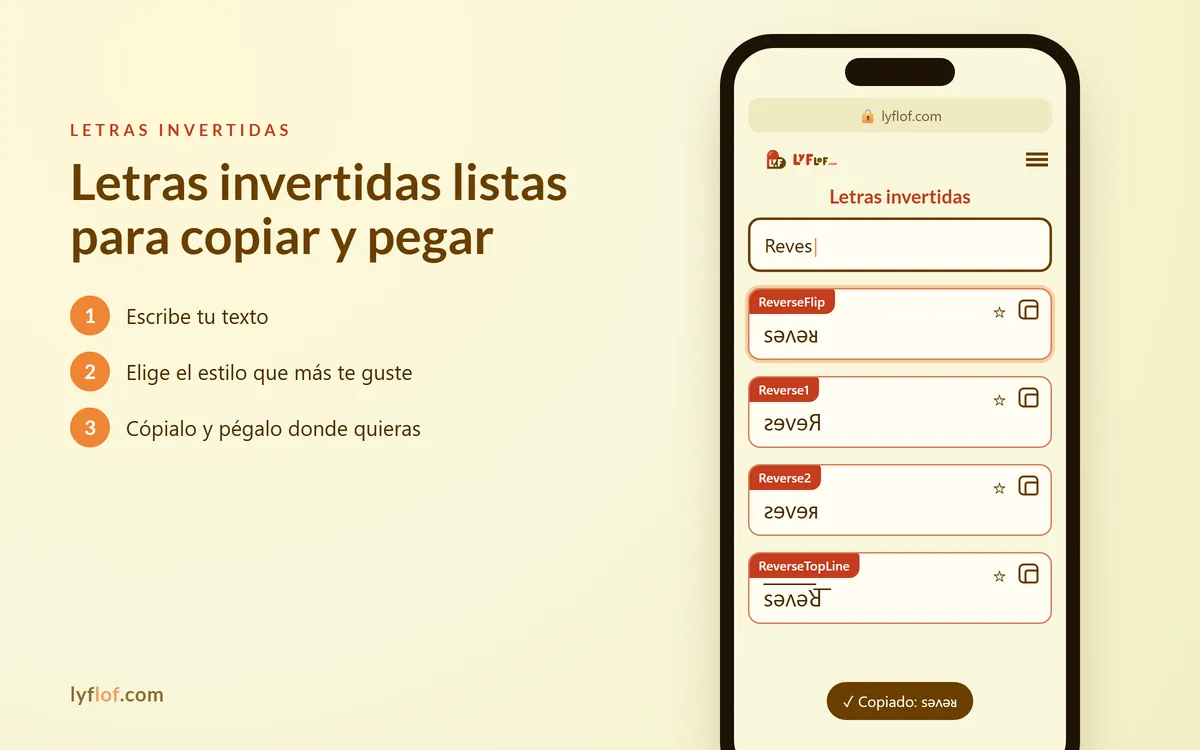 Conversor de letras invertidas en el móvil con estilos ReverseFlip, Reverse1, Reverse2 listos para copiar