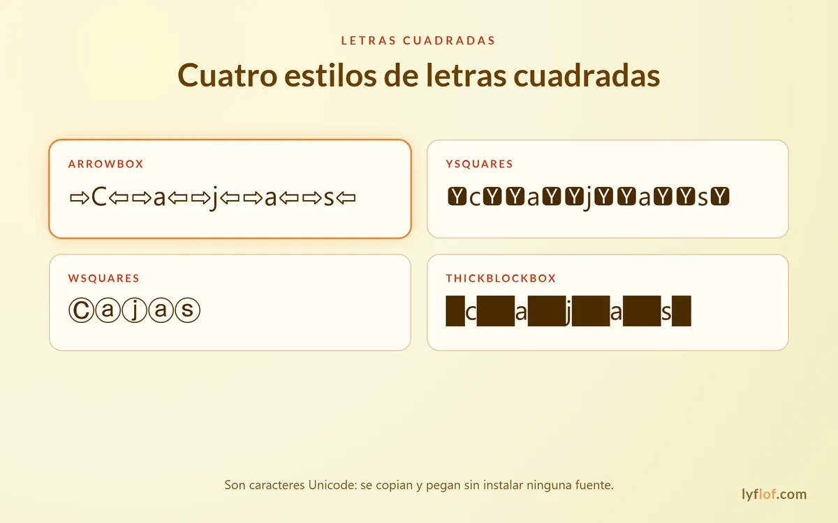Cuatro estilos de letras cuadradas: ArrowBox, YSquares, WSquares y ThickBlockBox