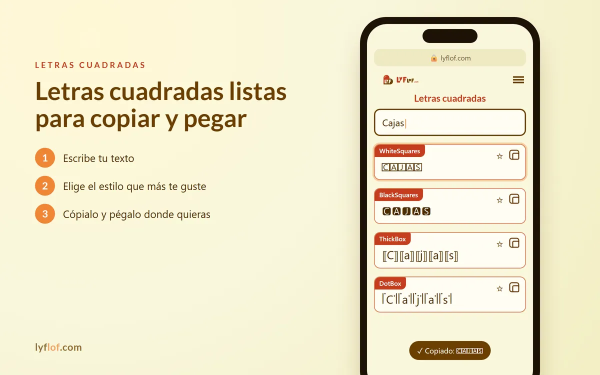 Conversor de letras cuadradas en el móvil con estilos WhiteSquares, BlackSquares, ThickBox listos para copiar