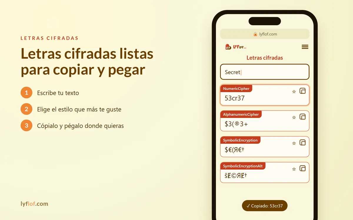 Conversor de letras cifradas en el móvil con estilos NumericCipher, AlphanumericCipher, SymbolicEncryption listos para copiar