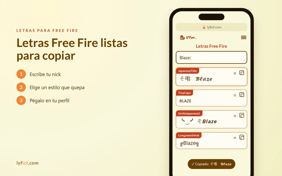Conversor de letras Free Fire en el móvil con estilos japonés, versalitas y marco de clan