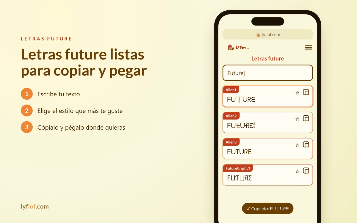 Conversor de letras future en el móvil con estilos Alien1, Alien2, Alien3 listos para copiar