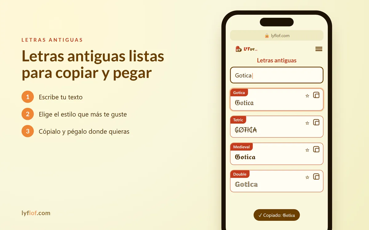 Conversor de letras antiguas en el móvil con estilos Gotica, Tetric, Medieval listos para copiar