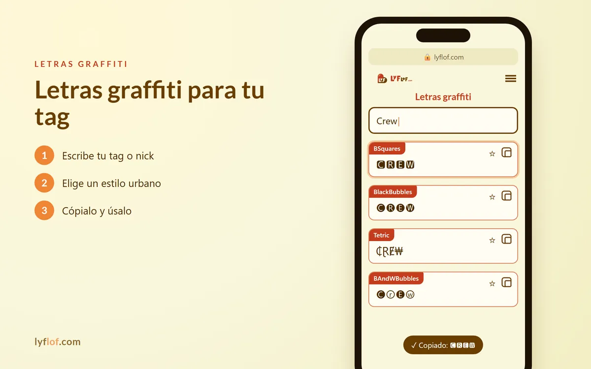 Conversor de letras graffiti en el móvil: cuadros, burbujas negras y estilo tetric para tags