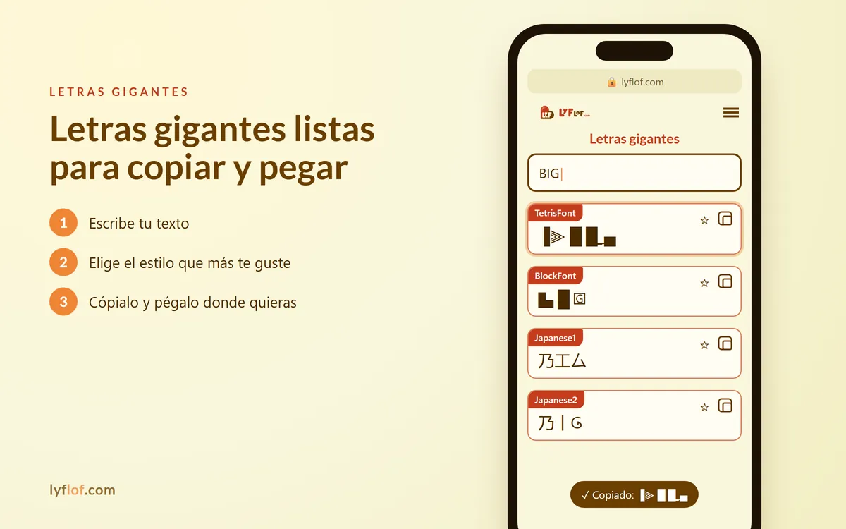 Conversor de letras gigantes en el móvil con estilos TetrisFont, BlockFont, Japanese1 listos para copiar