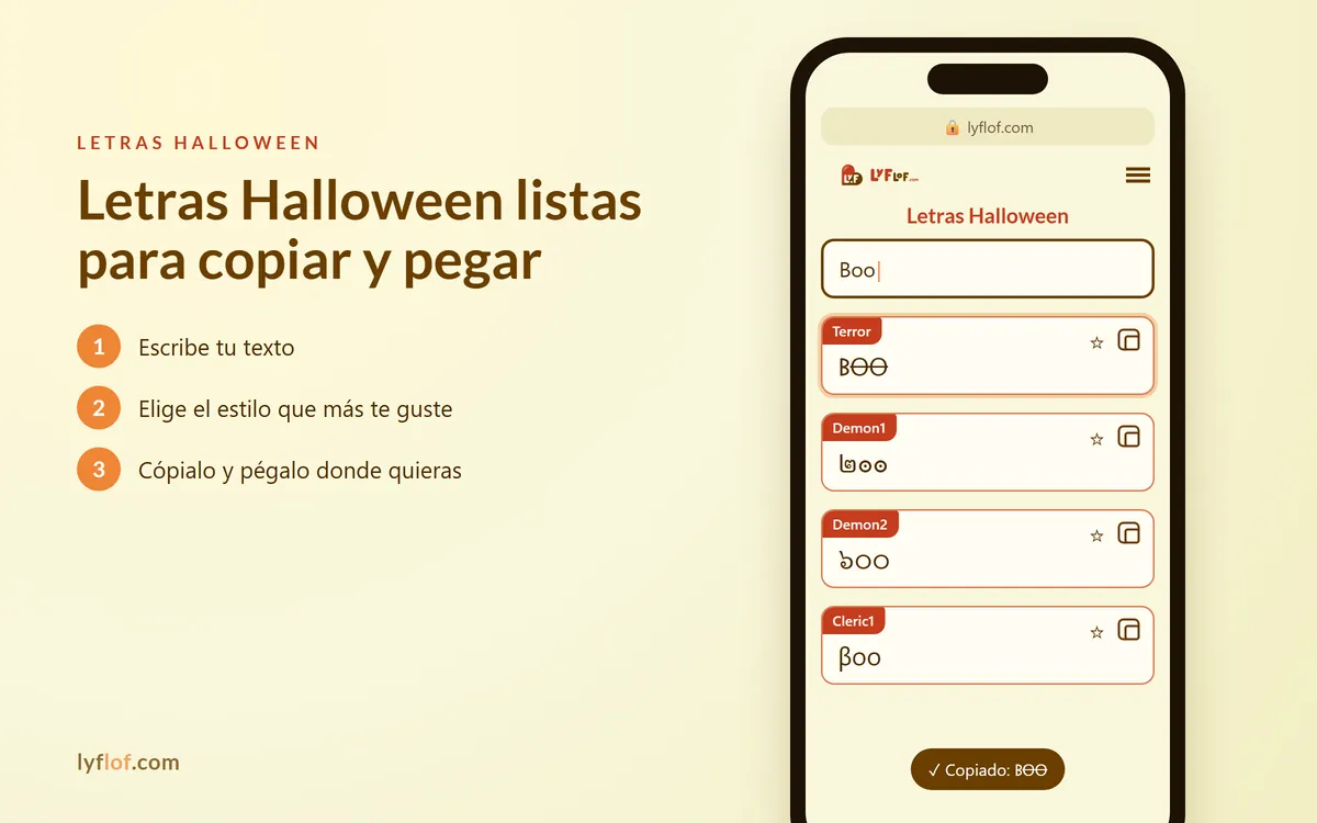 Conversor de letras halloween en el móvil con estilos Terror, Demon1, Demon2 listos para copiar