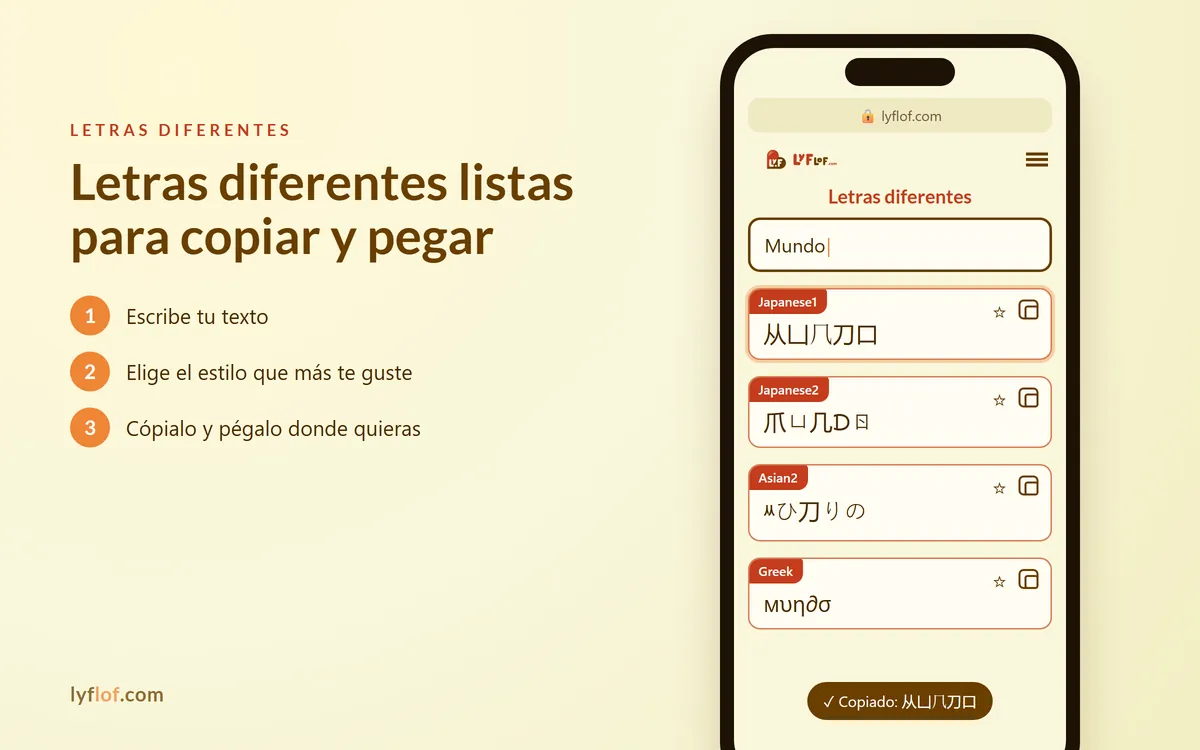 Conversor de letras diferentes en el móvil con estilos Japanese1, Japanese2, Asian2 listos para copiar