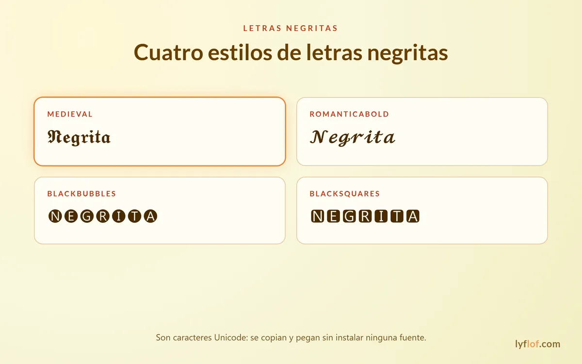 Cuatro estilos de letras negritas: Medieval, RomanticaBold, BlackBubbles y BlackSquares
