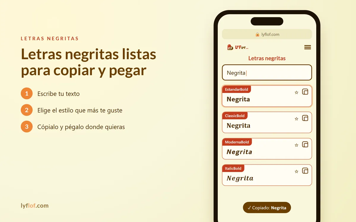 Conversor de letras negritas en el móvil con estilos EstandarBold, ClassicBold, ModernaBold listos para copiar