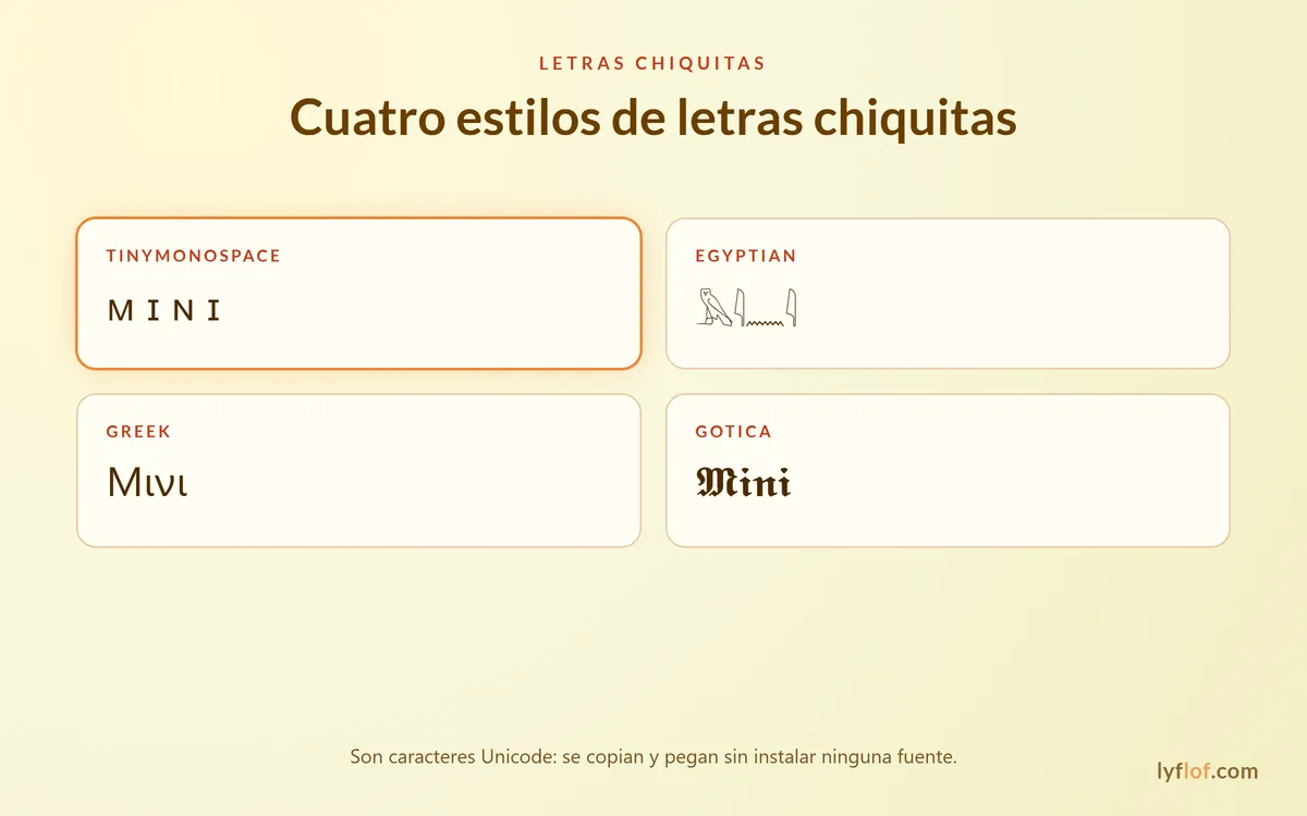 Cuatro estilos de letras chiquitas: TinyMonoSpace, Egyptian, Greek y Gotica