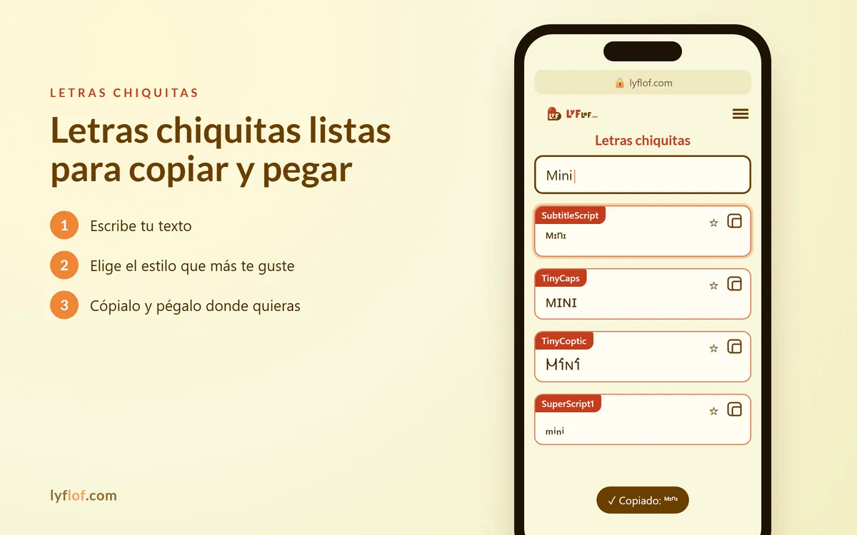 Conversor de letras chiquitas en el móvil con estilos SubtitleScript, TinyCaps, TinyCoptic listos para copiar