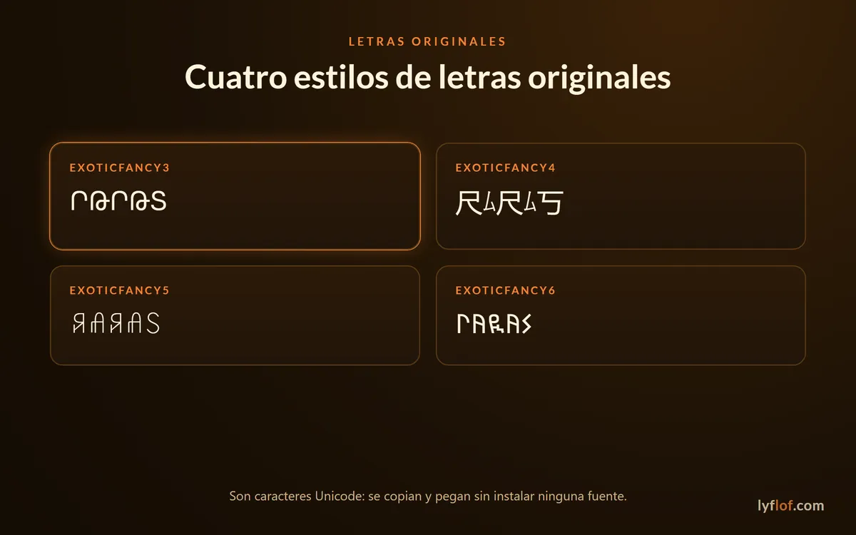 Cuatro estilos de letras originales: ExoticFancy3, ExoticFancy4, ExoticFancy5 y ExoticFancy6