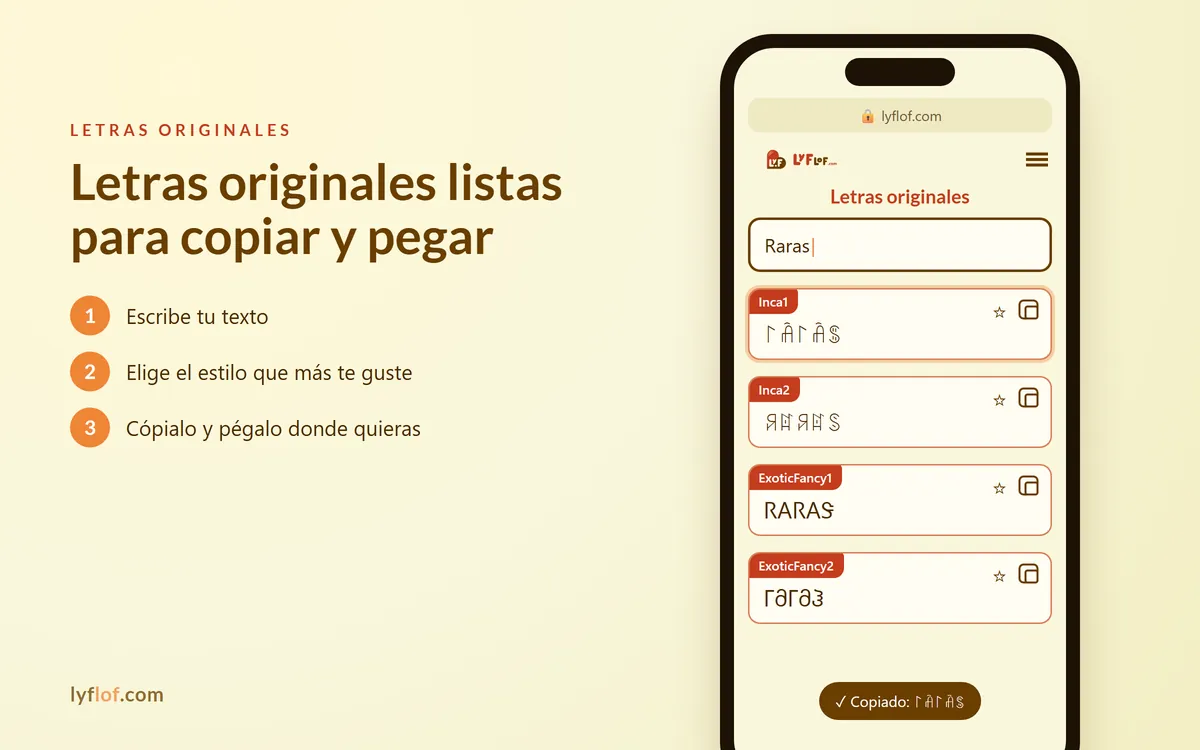 Conversor de letras originales en el móvil con estilos Inca1, Inca2, ExoticFancy1 listos para copiar