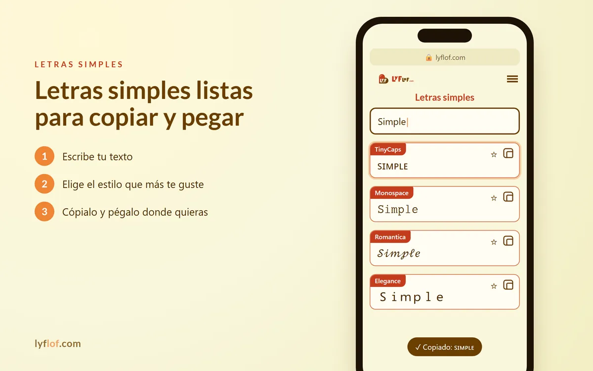 Conversor de letras simples en el móvil con estilos TinyCaps, Monospace, Romantica listos para copiar