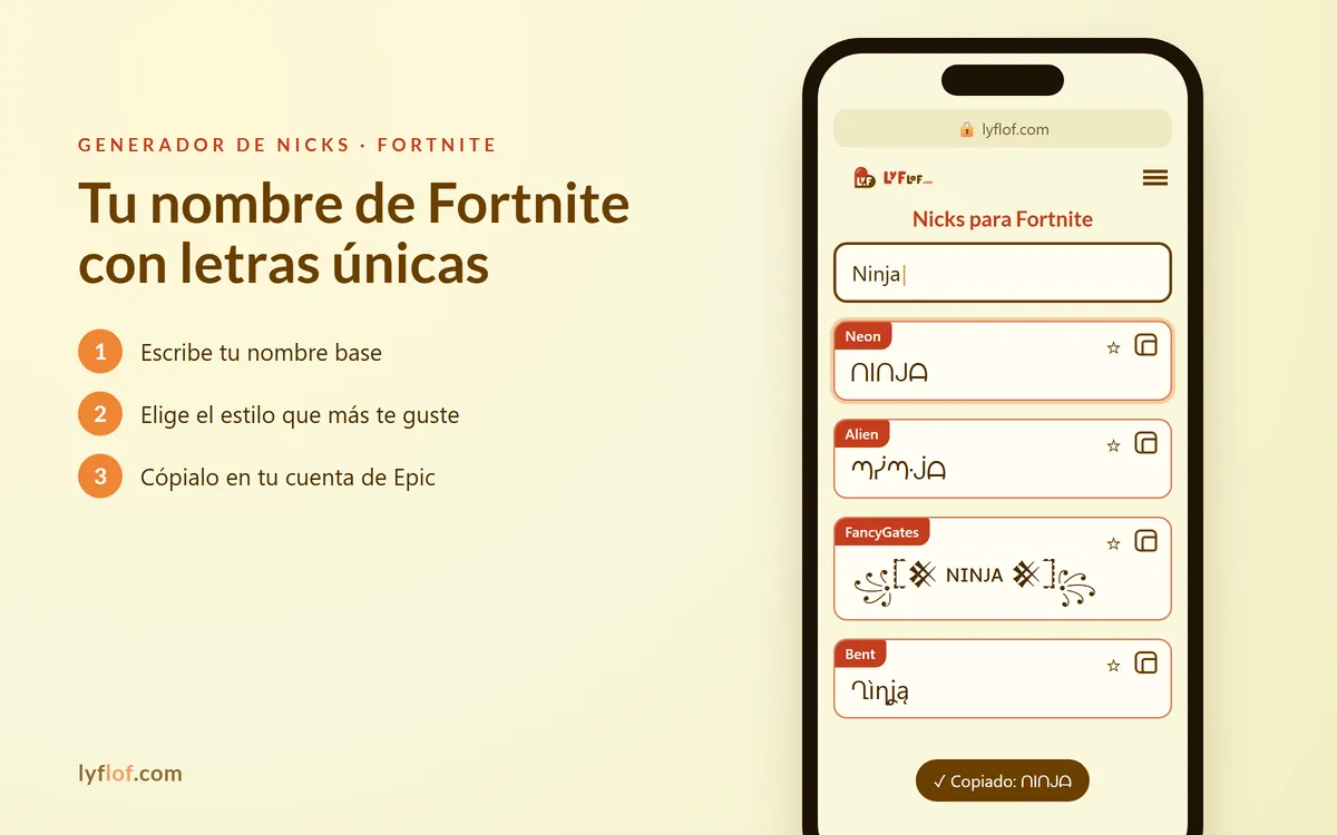 Generador de nicks para Fortnite en el móvil con estilos neón, alien y decorados listos para copiar