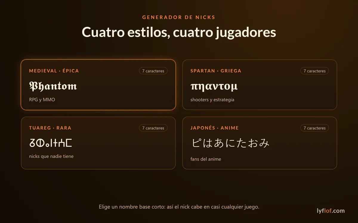 Cuatro estilos de nicks para juegos: medieval, spartan, tuareg y japonés