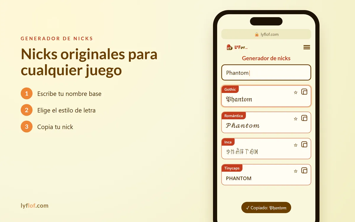 Generador de nicks en el móvil: escribes Phantom y salen estilos gothic, romántica, inca y tinycaps