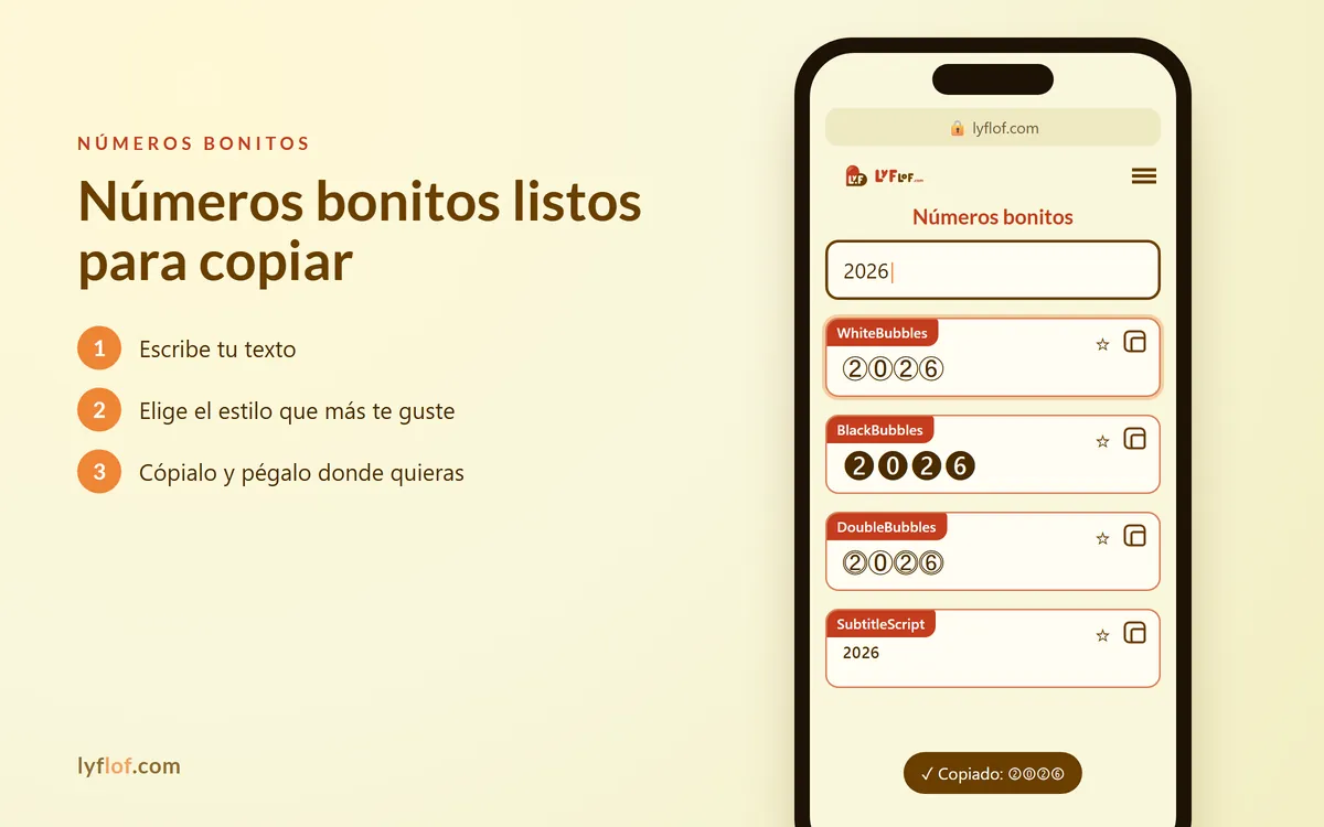 Conversor de números bonitos en el móvil: en círculo, negrita y doble trazo listos para copiar