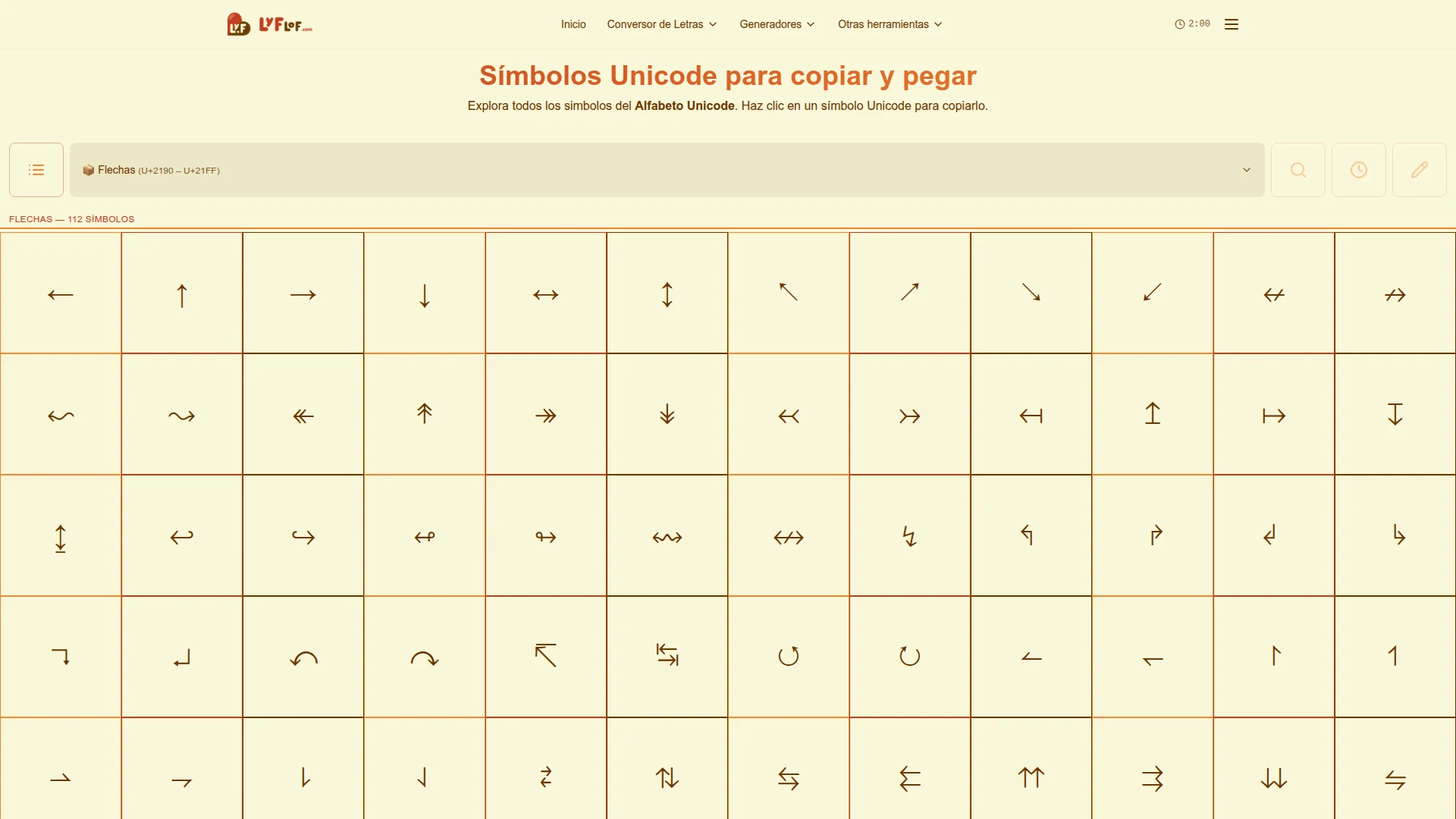 Símbolos Unicode para copiar y pegar — catálogo completo de caracteres Unicode en Lyflof